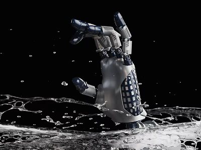 Men And High Tech Robotic Arm In Water Splash Scene 3d model
