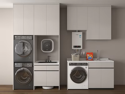 Modern Bathroom Vanity Cabinet In Integrated Laundry Area With Washer Dryer Sink And Storage 3d model