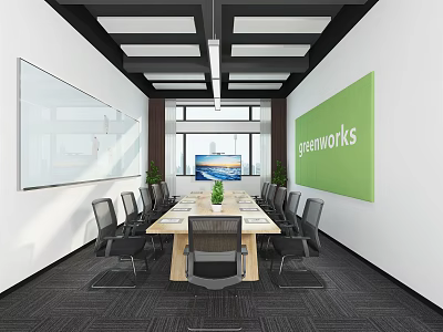 Modern Conference Room Interior With Long Table Whiteboard Greenworks Logo Pendant Lights And Green Plant 3d model