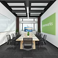 Modern Conference Room Interior With Long Table Whiteboard Greenworks Logo Pendant Lights And Green Plant