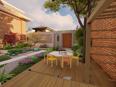 Courtyard Garden Design With Wooden Deck Colorful Chairs Dining Table Green Plants And Brick Walls 3d model