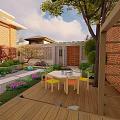 Courtyard Garden Design With Wooden Deck Colorful Chairs Dining Table Green Plants And Brick Walls