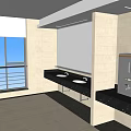 Modern Tea Room Interior With Large Window Sea View Marble Countertop And Water Dispenser