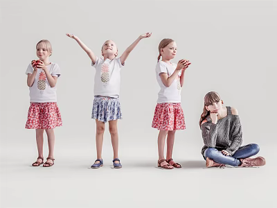 Group of Children Three Standing One Sitting in Casual Clothes Playful Poses 3d model