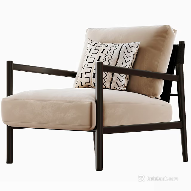 Beige Single Sofa With Dark Wooden Armrests And Geometric Pattern Pillow 3d model 