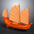 Traditional Wooden Boat With Multiple Orange Sails And Classic Structure Design 3d model