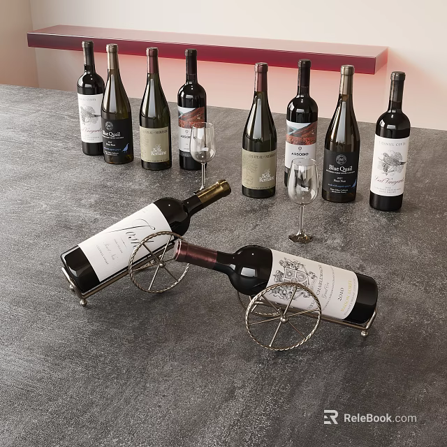 Several Wine Bottles And Two Wine Glasses On Gray Countertop With Wine Rack 3d model 