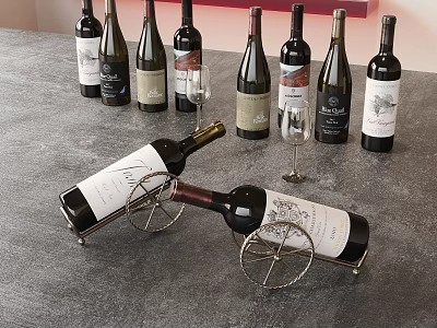 Several Wine Bottles And Two Wine Glasses On Gray Countertop With Wine Rack 3d model