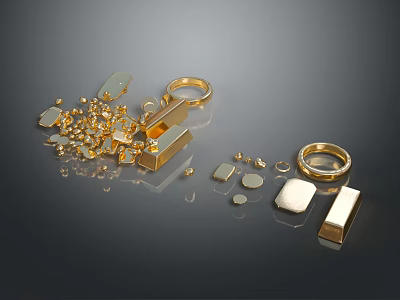 Golden Decorative Metallic Lifestyle Accessories With Various Shapes Rings Blocks Beads And Round Pieces 3d model