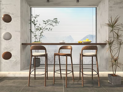 Modern Bar Counter Interior With Three Bar Stools Green Plants Window And Decorative Balls 3d model