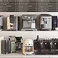 Assorted Kitchen Appliances Featuring Coffee Makers Grinders And Espresso Machines On Shelf 3d model