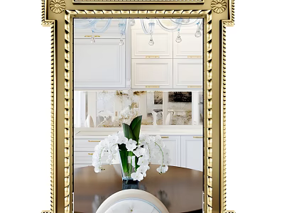 Ornate Golden Frame Mirror Reflecting Modern Kitchen With White Cabinets And Chandeliers 3d model