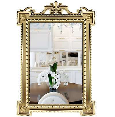 Ornate Golden Frame Mirror Reflecting Modern Kitchen With White Cabinets And Chandeliers 3d model