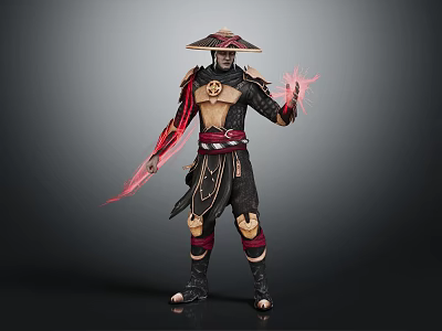 Ninja Warrior In Black Red Clothing Wearing Straw Hat And Fiery Mythical Creature Aura 3d model