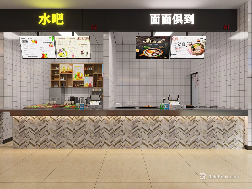 Modern Water Bar And Noodle Serving Counter With Menu Screens And Tile Walls 3d model 