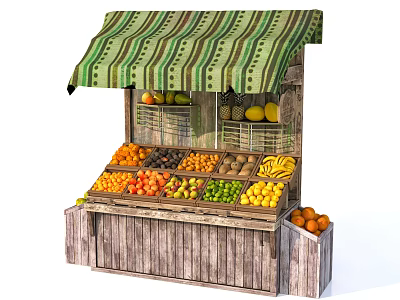 Assorted Fresh Fruits Including Citrus Bananas at Wooden Market Stall with Green Striped Awning 3d model