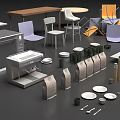 Kitchen Appliances In Modern Design With Wooden Tables Colorful Chairs And Tableware