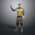 Man In Futuristic Yellow And Blue Outfit With Knee Pads Raising Hand Against Gray Background