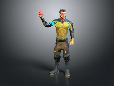 Man In Futuristic Yellow And Blue Outfit With Knee Pads Raising Hand Against Gray Background 3d model