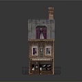 Two Story Brick Building With Chimney Gray Roof Stained Glass Yellow Light And Pumpkin Decorations