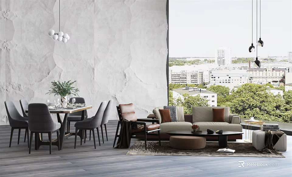Modern Living Room Sofa And Coffee Table Set With City View Window And Decorative Rug 3d model 