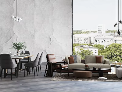 Modern Living Room Sofa And Coffee Table Set With City View Window And Decorative Rug 3d model