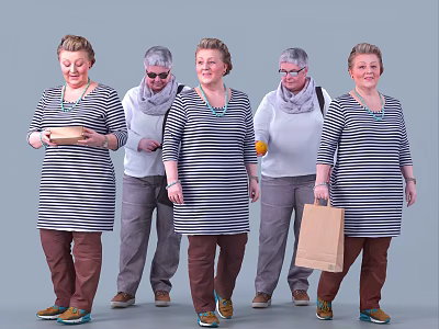 People Walking Together In Striped Shirts Holding Food Container Shopping Bag And Orange 3d model