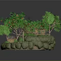 Miniature Landscape Scene With Green Trees Red Fruits Small Cabin And Rock Base