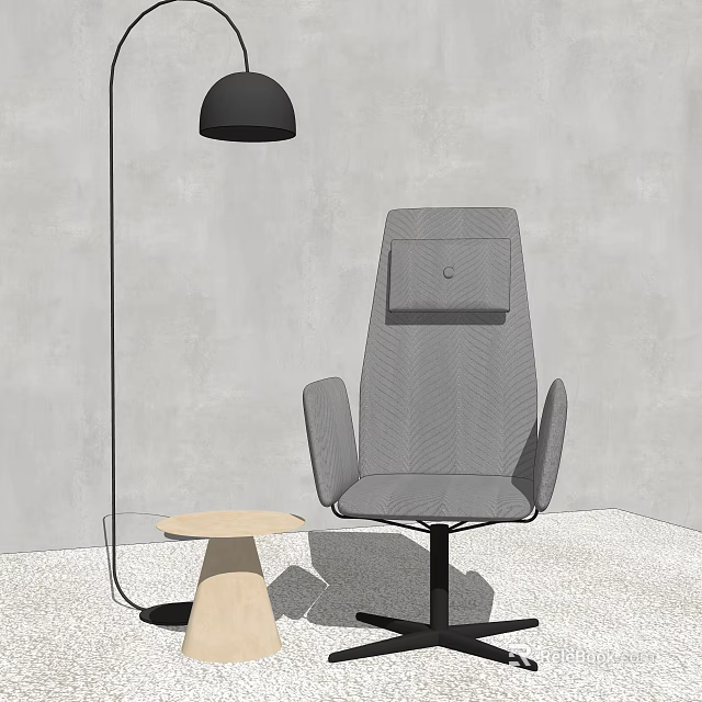 Gray Herringbone Texture Accent Chair with Side Pocket and Small Round Wooden Table Floor Lamp in Modern Space 3d model 
