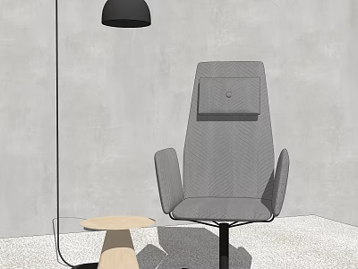 Gray Herringbone Texture Accent Chair with Side Pocket and Small Round Wooden Table Floor Lamp in Modern Space 3d model