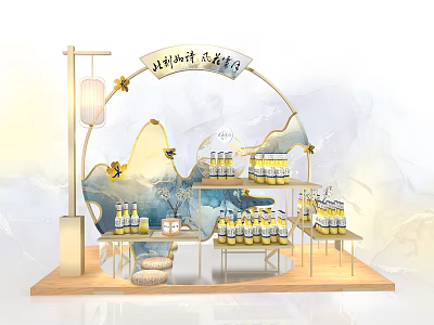 Traditional Chinese Style Exhibition Booth With Mountain Water Background Lantern And Wine Bottles 3d model