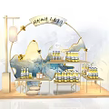 Traditional Chinese Style Exhibition Booth With Mountain Water Background Lantern And Wine Bottles