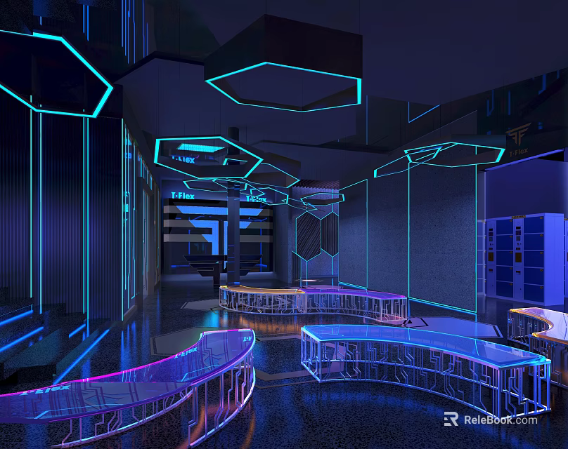 Modern Bar Interior Design With Neon Lights Geometric Decorations Bar Counter And Dark Background 3d model 