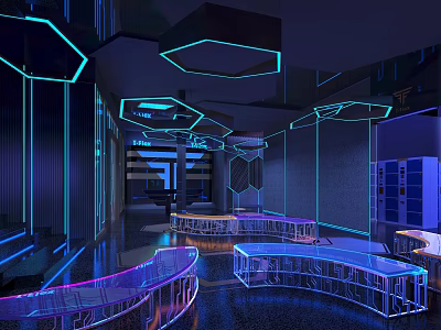 Modern Bar Interior Design With Neon Lights Geometric Decorations Bar Counter And Dark Background 3d model