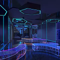 Modern Bar Interior Design With Neon Lights Geometric Decorations Bar Counter And Dark Background