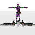 Game Character in Purple Tights With Green Sleeves Brown Pouch and Hover Device Arms Outstretched