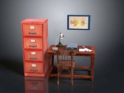Home Office Furniture with Wooden Desk Red Filing Cabinet Chair Table Lamp and Framed Map 3d model