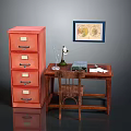 Home Office Furniture with Wooden Desk Red Filing Cabinet Chair Table Lamp and Framed Map
