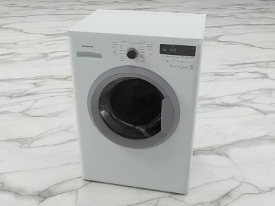White Front Loading Washing Machine With Digital Control Panel On Marble Floor 3d model