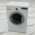 White Front Loading Washing Machine With Digital Control Panel On Marble Floor