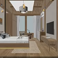 Hotel Room With Wooden Ceiling Flooring White Walls Large Bed And Natural Scenery Through Windows