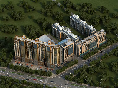 Modern Multi Story Residential Building Surrounded By Green Trees And Parking Lot Near Roads 3d model