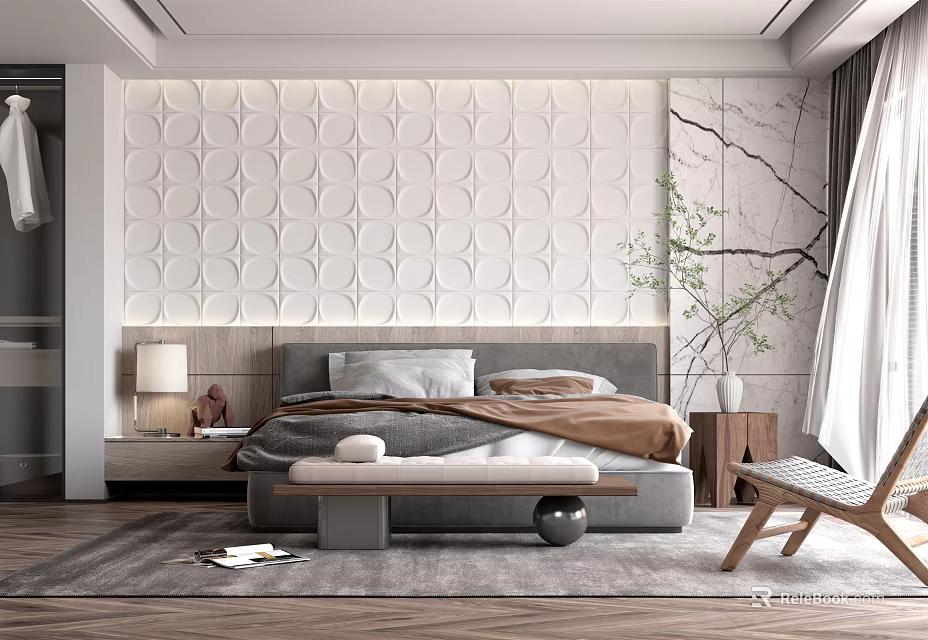 Modern Bedroom Interior With White Embossed Wall Grey Headboard Grey Brown Bed Linen And Rug 3d model 