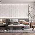 Modern Bedroom Interior With White Embossed Wall Grey Headboard Grey Brown Bed Linen And Rug