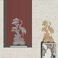 Elegant Crane And Pine Tree Sculptures With Transparent And Beige Carvings On Decorative Bases