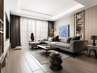 Modern Living Room Interior With Gray Sofa Wooden Flooring Large Windows And Blue Painting 3d model