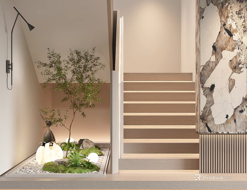 Modern Minimalist Luxury Staircase Area With Green Plants Rockery Stones And Decorative Painting 3d model 