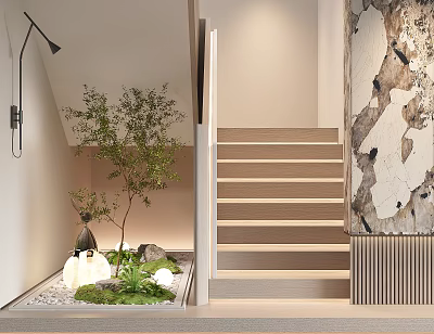 Modern Minimalist Luxury Staircase Area With Green Plants Rockery Stones And Decorative Painting 3d model