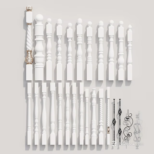 Various White Decorative Baluster Designs Including Spiral Carved And Plain Styles For Home Interior 3d model 