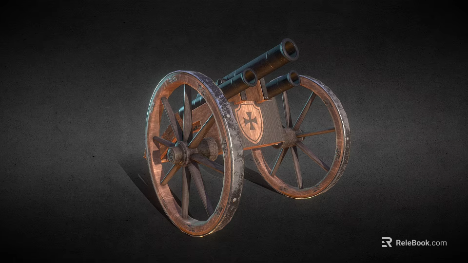 Vintage Double Barreled Cannon With Wooden Wheels And Cross Emblem 3d model 